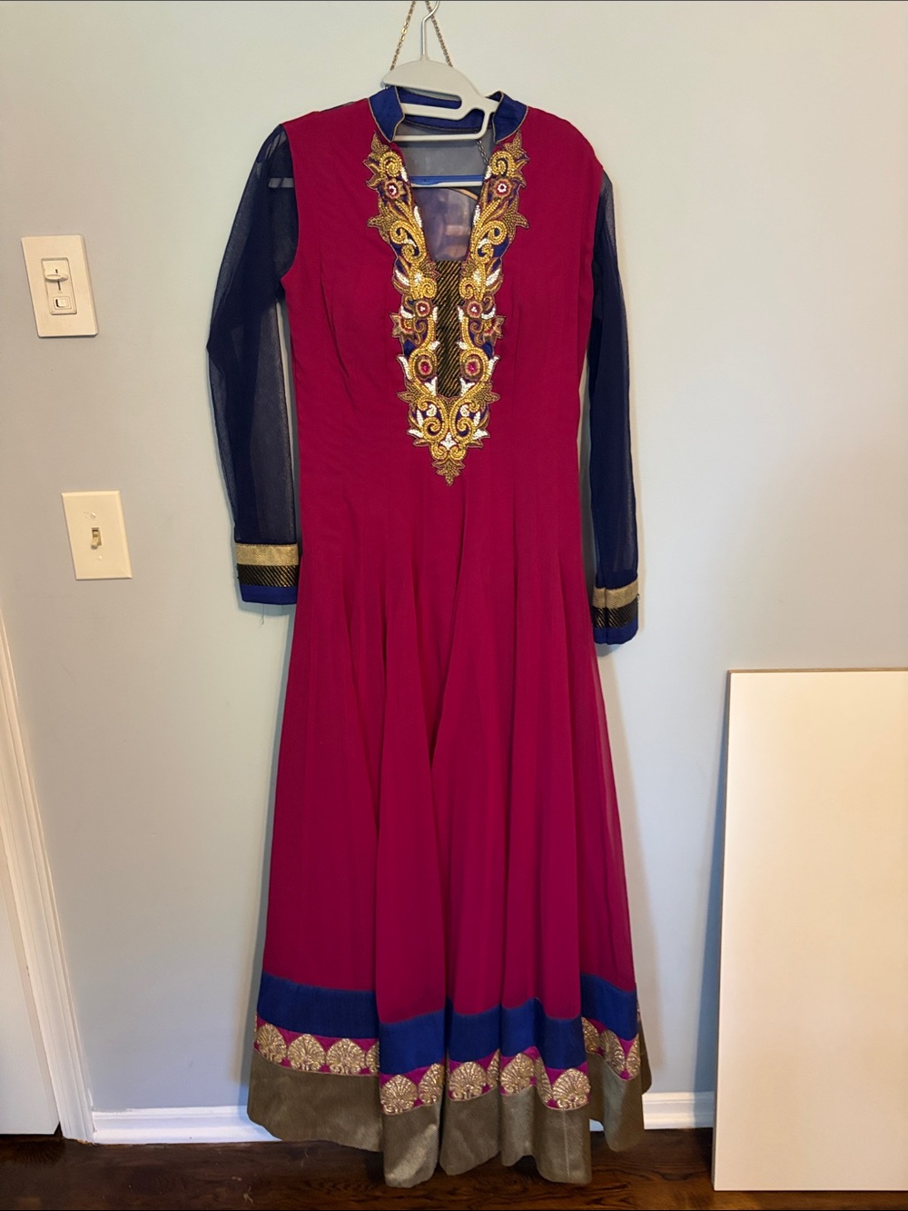Elegant Magenta Embroidered Anarkali Dress with Navy Sleeves